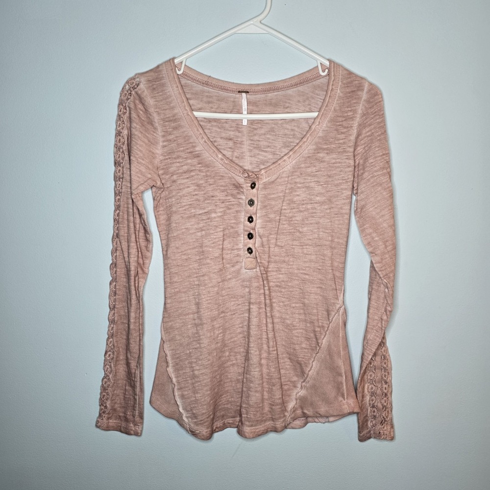 Free People Button Up Henley Long Sleeve Shirt Pink Lace Detail Womens S